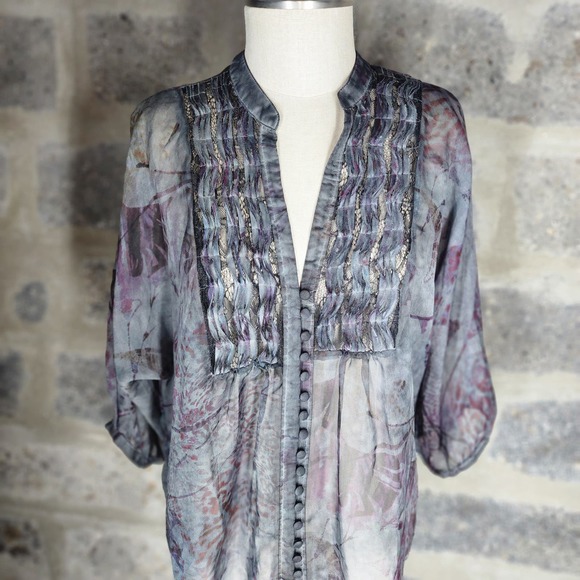 Jeans by BUFFALO sz L petite sheer button front 3/4 sleeve blouse - Picture 2 of 5